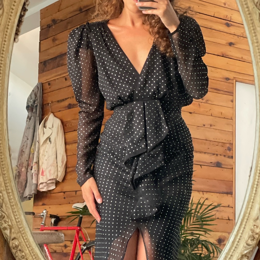 Ronny Kobo Astrid Black and Crystal Polka Dot Dress
